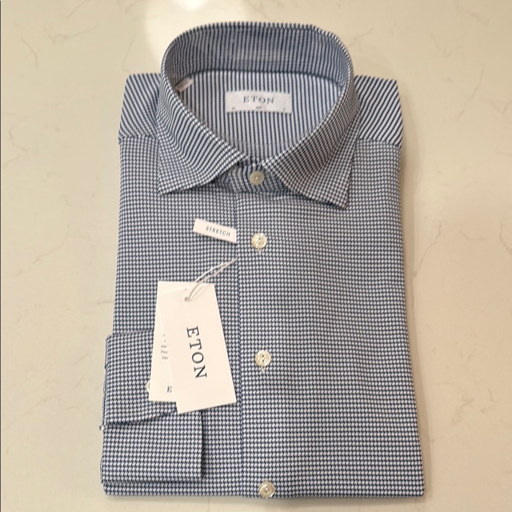 New ETON Men's Blue Dress Shirt Slim Fit Stretch 17” Neck